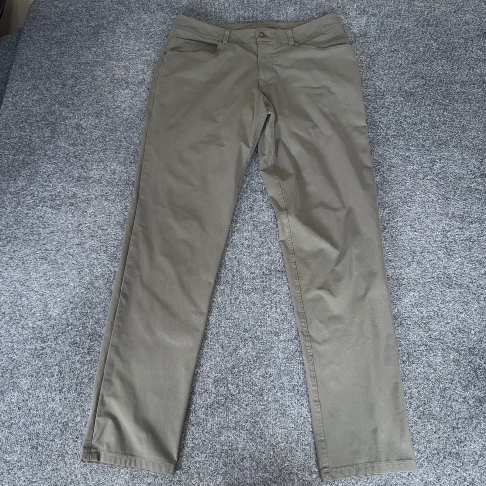 Lululemon ABC Pant Slim Mens 34x33 Olive Green Warpstreme Stretch Golf Casual